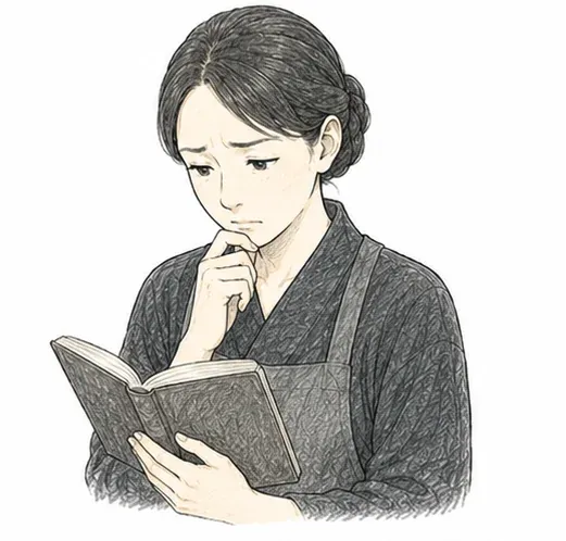 過去帳を開いて考え込む寺族