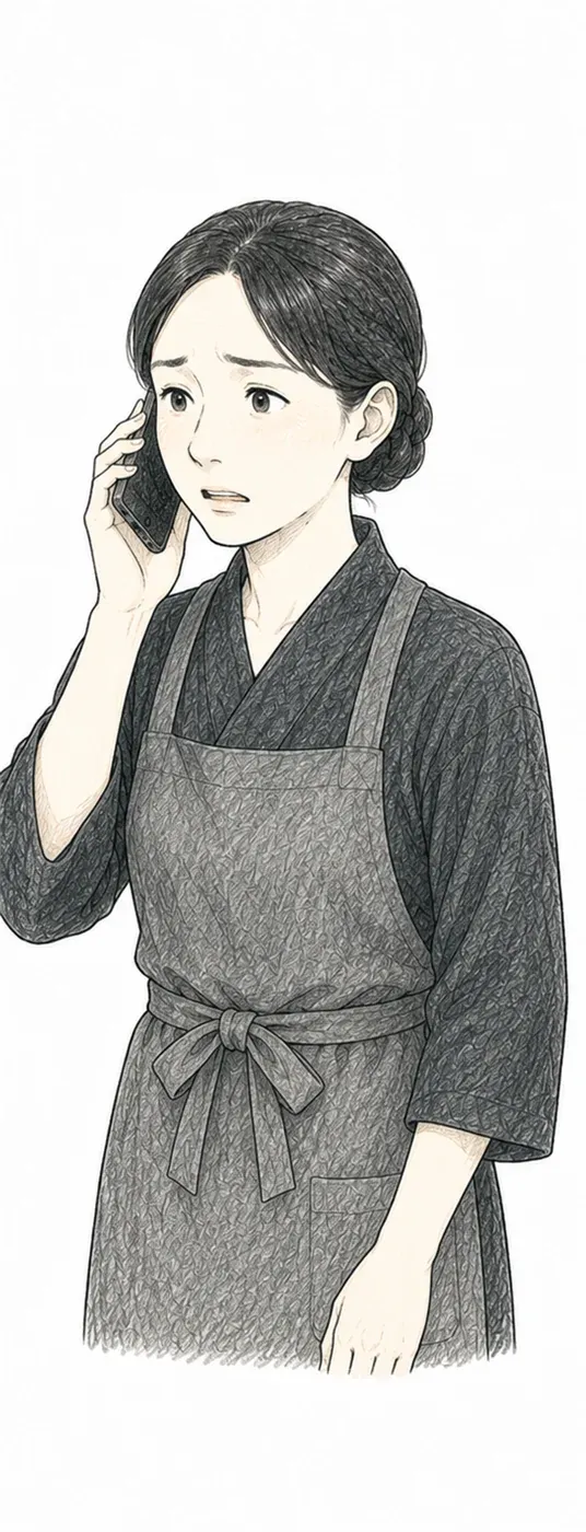 不安な面持ちで電話を受ける寺族